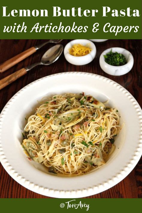 Lemon Butter Pasta with Artichokes and Capers - A delicious spring-inspired, easy and flavorful recipe for meatless meal | ToriAvey.com #lemonbutter #butternoodles #pasta #artichokes #capers #meatless #vegetarian #meatlessmonday #dairy #shavuot #springinspired #springrecipe #summerrecipe #easyrecipe #simplerecipe #TorisKitchen Lemon Butter Pasta, Pasta With Artichokes, Capers Recipe, Low Oxalate, Artichoke Pasta, Spring Recipe, Meatless Meal, Butter Pasta, Lemon Pasta