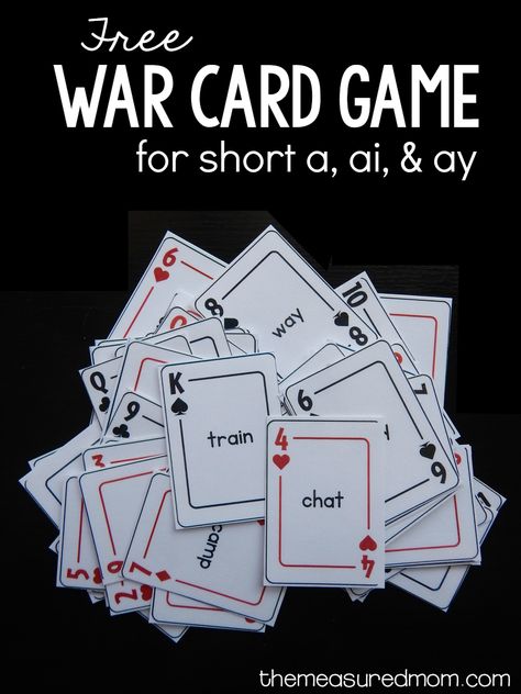 Print this free card game for practice with ai and ay words! (This post contains affiliate links.) My Five and I have been playing a lot of games to help him learn the common phonics patterns. So far we’ve played games for short vowels, bossy r, silent e, oo, and ee words.  You can find … Ay Words, Ee Words, Bossy R, The Measured Mom, Measured Mom, Silent E, First Grade Phonics, Card Games For Kids, Phonics Games