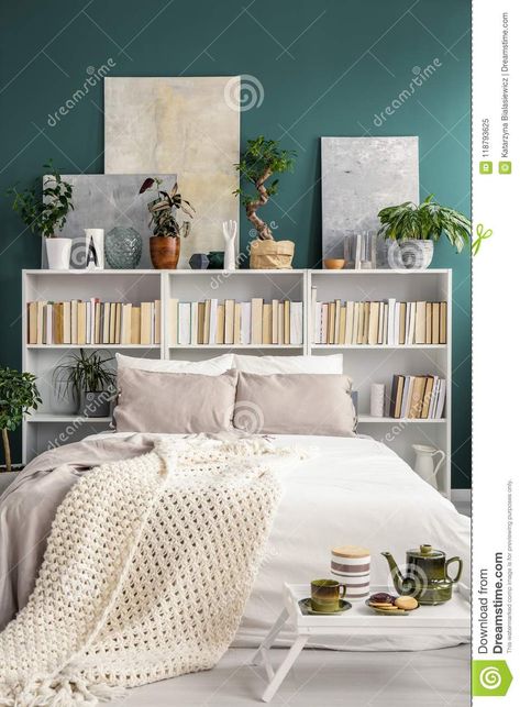 Bookshelf Nightstand, Bed With Drawers Underneath, White Bookshelves, Bedroom Layouts, Bedroom Green, Bedroom Decoration, Bedroom Aesthetic, Guest Bedrooms, Bed Decor