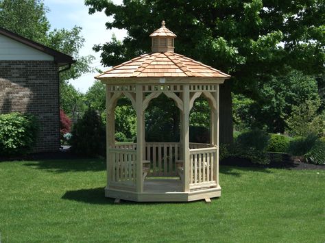 A small and beautiful octagon gazebo with wood cedar shake roof and cupola. Small Gazebo Ideas, Small Garden Gazebo, Gazebo Pictures, Enclosed Gazebo, Small Gazebo, Gazebo Lighting, Swimming With Dolphins, Diy Gazebo, Cedar Shake Roof