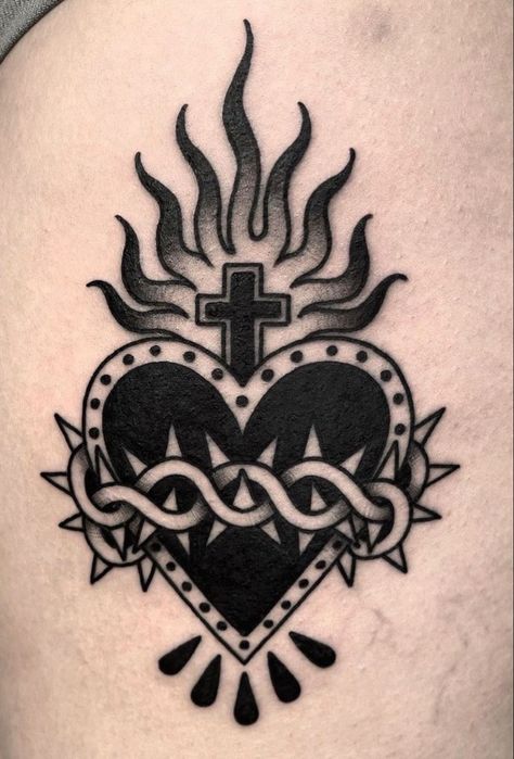 Sacred Heart Tattoo Design, Heart Tattoo Ideas, Sacred Heart Tattoo, Heart Tattoo Design, Traditional Heart Tattoos, Traditional Black Tattoo, Sacred Heart Tattoos, Traditional Tattoo Sleeve, Flash Tattoo Designs