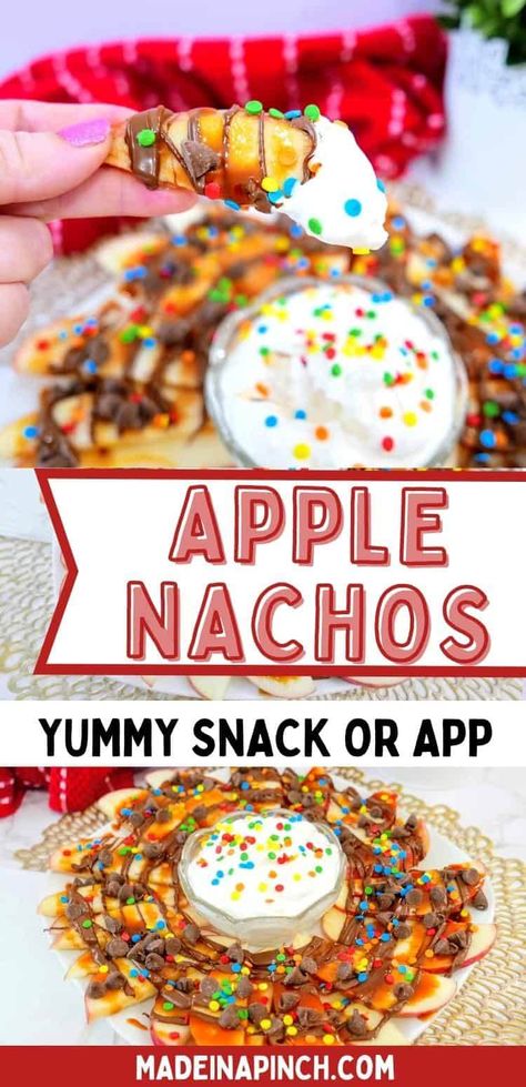 Make this super easy Apple Nachos snack for your kids. It's a fun twist on an already kid-friendly food that will please even the pickiest of eaters! The best part about a snack is that it comes together quickly and with only a few ingredients. These apple nachos are a perfect snack because all you need to do is slice up an apple and sprinkle on your favorite toppings! The accompanying fruit dip is completely optional (but heavenly)! | #kidfriendlysnacks #easysnackrecipes #applerecipes #... Messy Snacks For Kids, Summer Cooking With Kids, Kid Friendly Desserts, Kid Friendly Party Food, Apple Nachos Recipe, Finger Food Desserts, Easy Party Desserts, Easy Nachos, Apple Nachos