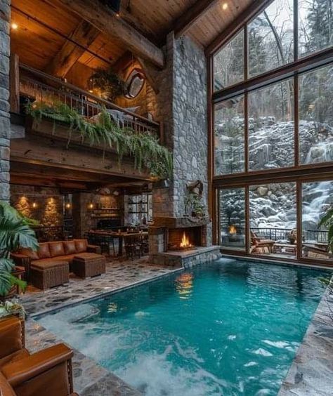 Log Cabin Mansions, Cabin Mansion, Cabin Vibes, Log Cabin Interior, Log Cabin Ideas, Indoor Swimming Pool, Dream Life House, Rustic Home Design, Beautiful Rooms