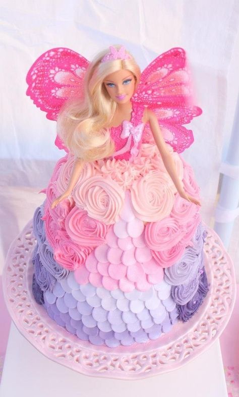 Barbie Dolly Varden Cake, Pink And Purple Barbie Party, Pink Fairy Birthday Cake, Pink And Purple Barbie Cake, Purple Barbie Birthday Party, Dolly Varden Cakes, Barbie Cake 5th Birthday, Unicorn Barbie Cake, Barbie Cookie Cake