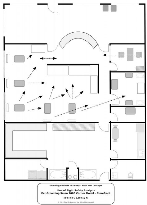 Floor Plans for Pet Grooming Businesses - PetGroomer.com Magazine Dog Grooming Salon Decor, Pet Grooming Shop, Pet Grooming Business, Dog Grooming Tubs, Hair Salon Interior Design, Pet Grooming Salon, Grooming Business, Dog House Plans, Dog Grooming Shop