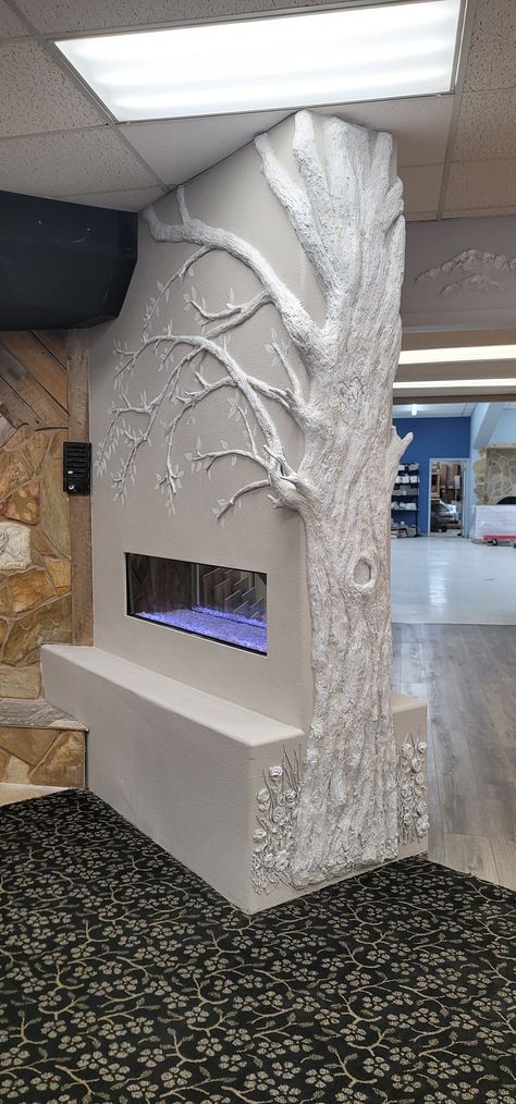 Drywall Plaster Family Tree made by hand on a fireplace Tree Sculpture Indoor, Drywall Art Sculpture, Drywall Compound Art, Wall Sculptures Plaster, Plaster Sculpture Ideas, Plaster Of Paris Wall Art, Drywall Mud Art, Drywall Ideas, Textured Mural