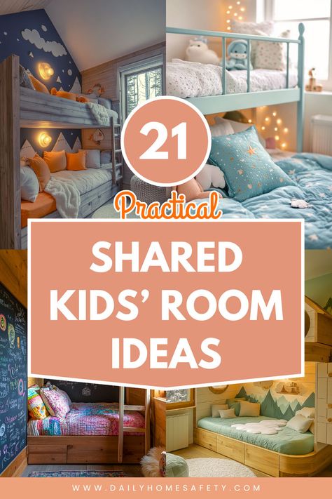 Discover 21 creative shared kids' room ideas to bring harmony and style to your little ones' space. From bunk beds to clever storage solutions, find inspiration for a functional and fun room layout. Small Shared Kids Room Ikea, Small Bedroom Sharing Ideas, Brothers Shared Bedroom Ideas Bunk Bed, Two Loft Beds In One Room Corner, Bunk Bed Organization Ideas, Tiny Bedroom With Bunk Beds, Two Beds In One Room Ideas Kids, Small Playroom Bedroom Combo, Girls Bedroom Ideas Little Shared Bunk Beds