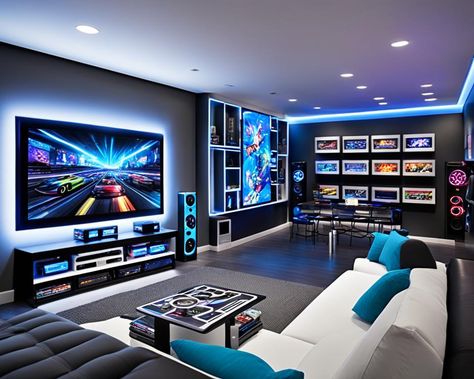 Video Gaming Room, Living Room Gaming Setup, Teen Hangout Room, Basement Game Room Ideas, Game Room Living Room, Teen Hangout, Hangout Room, Game Room Basement, Home Entertainment Centers