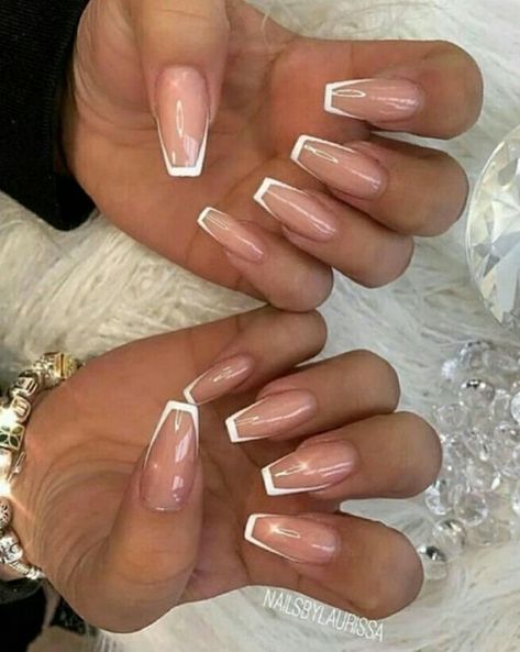 Almond Nails French Tip Wedding, Nails For Hairdressers, French On Coffin, Coffin Tip French Nails, French Nail With Crystal, Classy French Nails Square, Modern French Nails Square, French Manicure On Coffin Shaped Nails, Acrylic French Tip Nails Coffin