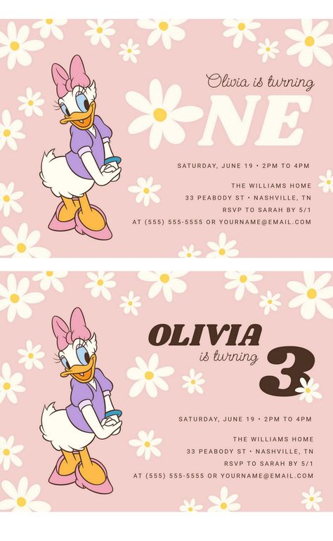 Retro Daisy Duck Birthday Invitations Daisy Duck Birthday Invitations, Daisy Duck 1st Birthday Party, Daisy Duck Birthday Party Ideas, Duck Birthday Invitations, Daisy Duck Birthday Party, Daisy Duck Birthday, Duck Birthday Theme, Daisy Duck Party, Duck Birthday Party