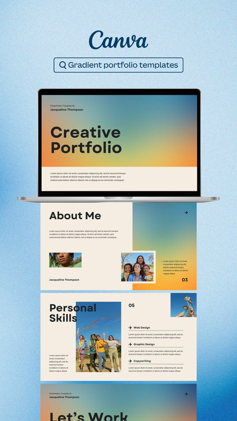 Create eye-catching portfolios with these colorful gradient templates on Canva Digital Marketing, Gradient Portfolio, Digital Marketing Portfolio, Marketing Portfolio, Colorful Gradient, Digital Marketer, Canva Design, Portfolio Design, Creative Ideas