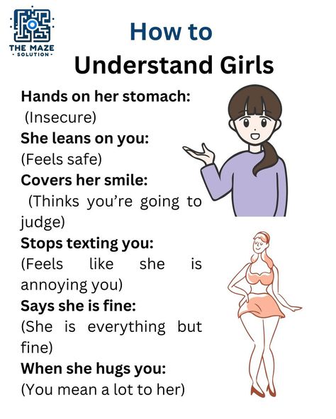 Understanding girls can sometimes feel like a challenge, but paying attention to subtle body language and behavior can reveal a lot about how she’s feeling. If she has her hands on her stomach, she might be feeling insecure. When she leans on you, it's a sign that she feels safe. If she covers her smile, she might think you're going to judge her. Stopping texts may indicate that she feels like she's annoying you. Saying "I'm fine" often means she's anything but. And when she hugs you, it’s be... Stomach Insecure, How To Stop Being Annoying, Girl Language, I'm Annoying, Piano Notes Songs, Body Language Signs, Piano Notes, Things To Do At Home, I'm Fine