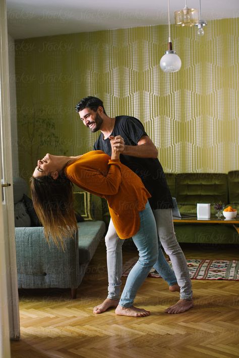 Dancing Photos Couple, Couples Have Fun, Couple Dancing In Living Room, Moving In Together Aesthetic, Funny Pre Wedding Photoshoot, Apartment Photoshoot, Couple Slow Dancing, Couple Dancing Together, Two People Dancing