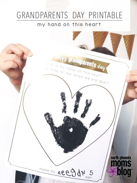 North Phoenix Moms Blog - Grandparents Day Printable - My Hand On This Heart - Grandparents Gift - Handprint Gift - Kids Handprint - Grandparents Day - Free Printable - Cute Grandparents Day Craft Grandparents Day Art, Grandparents Activities, Fingerprint Crafts, Grandparents Day Crafts, Happy Grandparents Day, Handprint Gifts, Grandparents Day Gifts, Preschool Gifts, Holiday Crafts For Kids