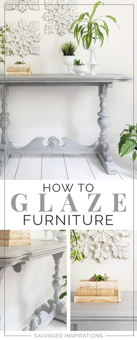 How To Glaze Furniture | Salvaged Console Table Makeover - Salvaged Inspirations Console Table Makeover, Glaze Furniture, Refurbished Furniture Diy, Glazing Furniture, Painting Tips And Tricks, Salvaged Inspirations, Vintage Console Table, Furniture Painting Tips, Diy Painted Furniture