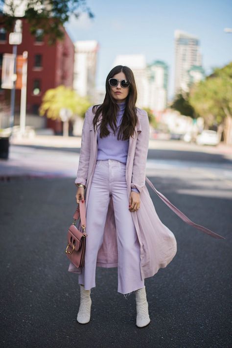 ASOS Lilac Trench Coat + ASOS Lavender Turtleneck + Lilac Wide Leg Pants +Dolce Vita White Boots + JW Anderson Pink Handbag + Jimmy Choo Sunglasses - It's Pastel Season, Officially via Blank Itinerary // Fashion Blogger, Style Blogger, Women's Fashion, Pastel Outfit, Spring Outfit Idea, 2018 Fashion Trends, 2018 Spring Fashion Lavender Turtleneck, Lilac Pants, 2018 Fashion Trends, Spring Outfit Idea, Pink Handbag, Pastel Outfit, Women Fashion Edgy, Jimmy Choo Sunglasses, Pastel Fashion