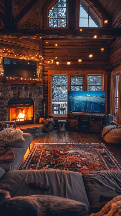 Cozy cabin interior with rustic charm, stone fireplace, plush sofas, and twinkling lights. Timeless elegance and modern comforts in a serene setting. Cozy Cabin Aesthetic, Log Cabin Living Room, Modern Cabin Interior, Rustic Basement Bar, Log Home Interior, Log Cabin Living, Cozy Log Cabin, Rustic Basement, Cabin Living Room