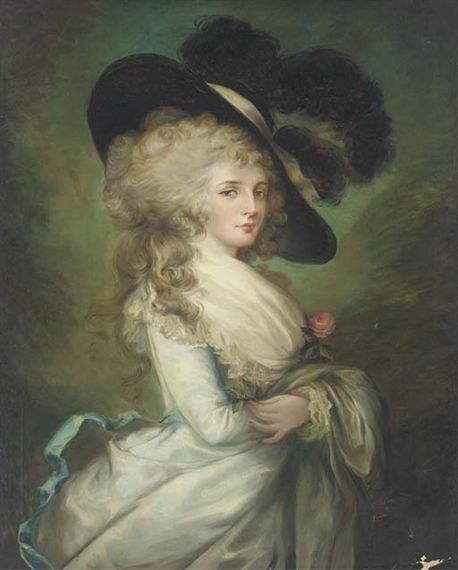 Gainsborough Thomas | Portrait of Georgiana, Duchess of Devonshire (1757-1806), three-quarter-length, in a pale blue dress and black hat | MutualArt Georgiana Duchess Of Devonshire, 18th Century Hats, Duchess Of Devonshire, Pale Blue Dress, 18th Century Portraits, Thomas Gainsborough, Rococo Art, 18th Century Paintings, 18th Century Costume