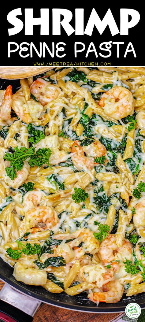 Cheese Shrimp Penne Pasta & Spinach - Sweet Pea's Kitchen Cheesy Shrimp Penne Pasta And Spinach, Easy Shrimp And Spinach Recipes, Cheese Shrimp Penne Pasta And Spinach, Shrimp Spinach Pasta Recipes, Shrimp Penne Pasta Recipes, Cheese Shrimp Penne Pasta, Shrimp And Spinach Pasta, Shrimp And Spinach Recipes, Dinner Recipes Pasta