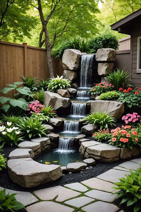 20 Small Garden Waterfall Ideas – ToolzView Diy Backyard Pond And Waterfalls, Backyard Landscaping Water Features, Small Waterfall Ideas For Home, Dessert Garden Ideas, Small Koi Pond Ideas Diy, Backyard Water Fountain Ideas, Corner Pond Ideas, Waterfall Ponds Backyard, Front Yard Waterfall