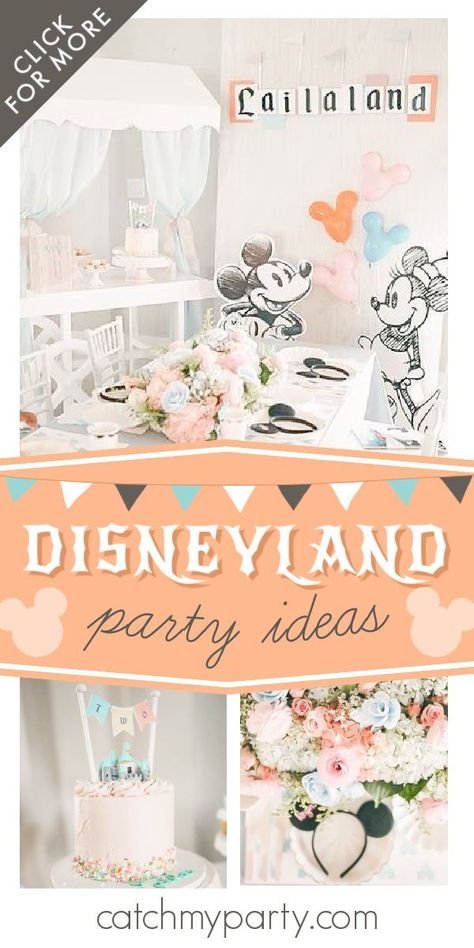 Disneyland Birthday Party Invitations, Vintage Disney Party Ideas, Disneyworld 1st Birthday, Disney Vintage Birthday Party, Vintage Disney Theme Party, Vintage Disneyland Centerpiece, Disneyland Theme Birthday Party For Girl, Disney Theme Party Ideas, Retro Disneyland Party