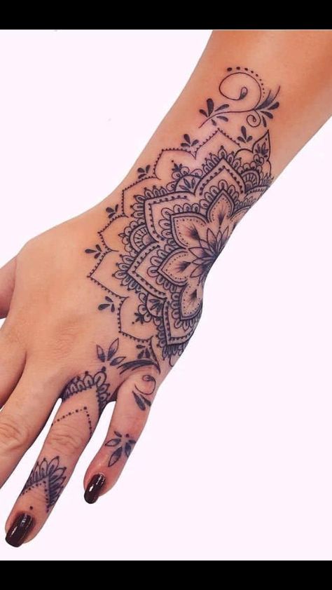 Illusion Tattoos For Women, Lotus Mandala Hand Tattoo, Unique 777 Tattoos, Hand Lace Tattoo, Half Hand Mandala Tattoo, Lace Hand Tattoos For Women, Mandala Flower Hand Tattoo, Cool Women Tattoos Inspiration, Mandala Thumb Tattoo