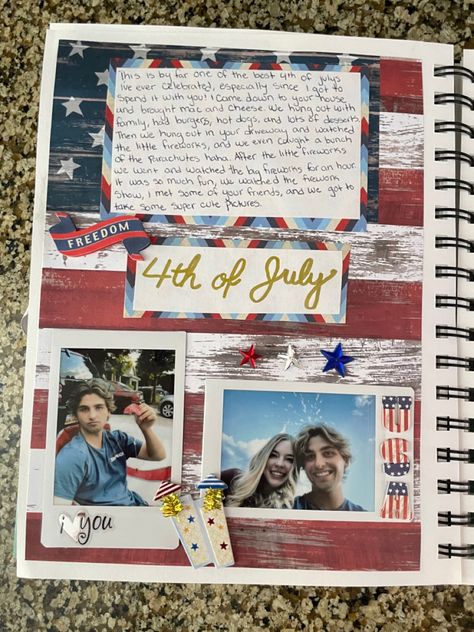 July Scrapbook Page, Couples Anniversary Scrapbook, 4th Of July Scrapbook Pages, Partner Scrapbook, Relationship Scrapbook Page Ideas, One Year Scrapbook Ideas Boyfriend Pages, Fall Scrapbook Ideas, Diy Scrapbook For Boyfriend, 1 Year Scrapbook Boyfriend Page Ideas