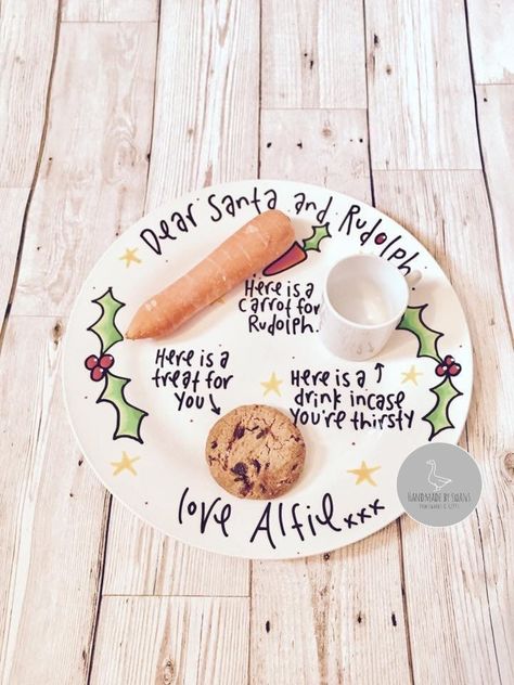 Santa Plate, Personalised Santa plate and mug set, Plate and mug set, Christmas plate, Cookies for santa, Santa treat plate, rudolph plate by Handmadebyswans on Etsy Santa Drink, Xmas Plates, Christmas Eve Plate, Cookies For Santa Plate, Cookie Plate, Handmade Illustration, Santa Plate, Cookies For Santa, Plates Diy