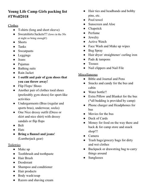 Young Life Camp Girls Packing List Packing List For School Camp, Summer Church Camp Packing List, Camp America Packing List, What To Pack For School Camp, Packing List For Summer Camp, Camp Essentials For Girls Summer, Camping Packing List Women, Bible Camp Packing List, Church Camp Packing List For Teens