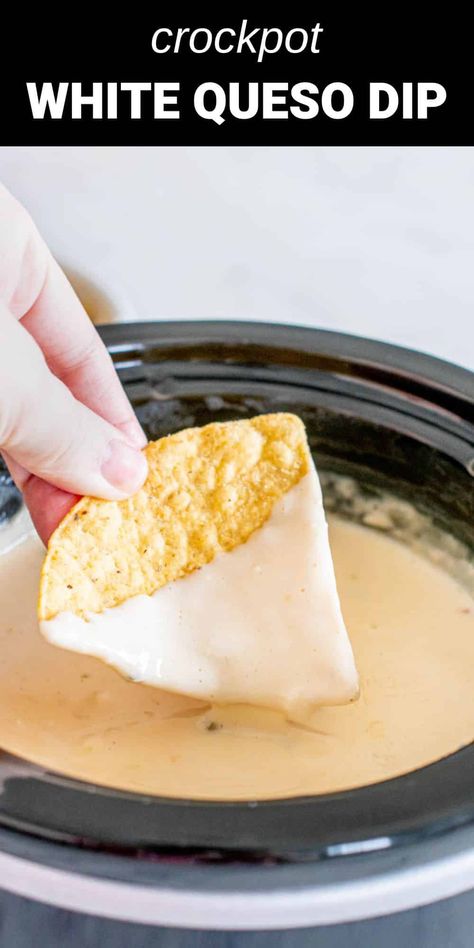 chip in crockpot with white queso dip Crockpot White Cheese Dip, Homemade Cheese Dip Easy, Authentic Cheese Dip, Queso Blanco Crockpot, Pepper Jack Queso Dip, White Queso Dip Crockpot Pepper Jack, Crock Pot Queso Blanco, Crockpot White Queso Dip, Queso With Monterey Jack Cheese