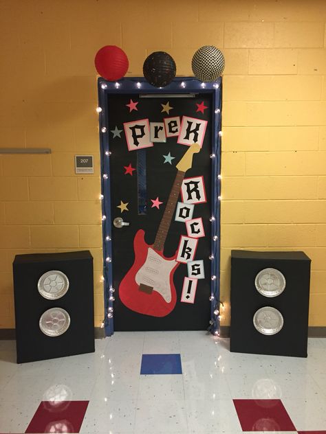 Star Classroom Decorations, 80s Classroom Door, Rockstar Classroom Transformation, Rock N Roll Bulletin Board, Music Themed Classroom Decorations, Rockstar Theme Classroom, Rockstar School Theme, Rock And Roll School Hallway, Our School Rocks Theme