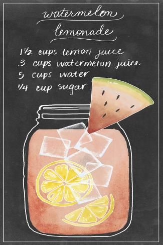 size: 18x12in Art Print: Summer Drinks I by Grace Popp : Drink Prints, Drink Recipes Nonalcoholic, Lemonade Drinks, Refreshing Drinks Recipes, Watermelon Lemonade, Delicious Drink Recipes, Kid Drinks, Watermelon Juice, Frozen Drinks