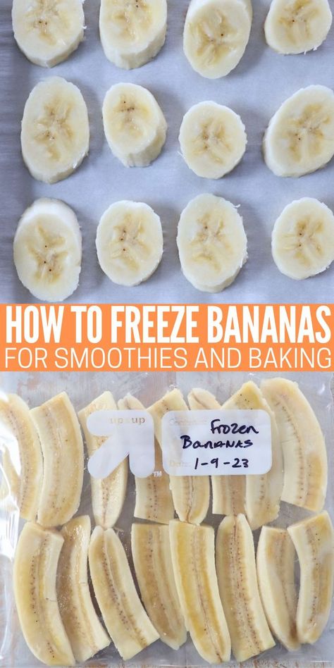 banana slices on parchment lined baking sheet and quartered bananas in plastic zipper bag Freezing Bananas, Vegetarian Recipes Dinner Healthy, Banana Slices, Frozen Bananas, Overripe Bananas, Banana Slice, Most Popular Recipes, Banana Recipes, Frozen Meals