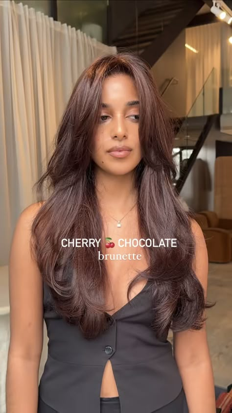 Wine Brunette Hair, Cherry Red Brunette Hair, Hair Colour Red Brown, Cherry Brown Highlights In Brown Hair, Chocolate Cherry Red Hair, Cherry Cola Brunette Hair, Dimensional Brunette Red, Cherry Red Hair Brown Skin, Strawberry Chocolate Hair