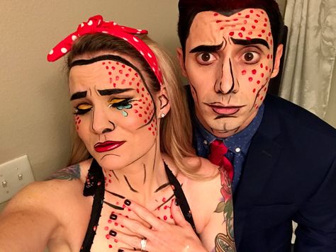 Pop Art Couple, Pop Art Halloween Costume, Art Halloween Costume, Pop Art Halloween, Comic Book Makeup, Comic Makeup, Pop Art Costume, Beautiful Halloween Makeup, Costume Couple