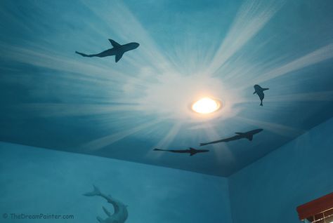 Shark Mural, Underwater Bedroom, Underwater Room, Shark Room, Ocean Bedroom, Ocean Room Decor, Ocean Mural, Ocean Themed Bedroom, Bathroom Mural