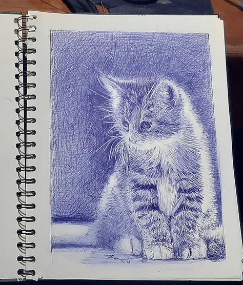 Ballpoint Pen Portrait Drawing Pen Drawing Blue, Pen Portrait Drawing, Ballpoint Pen Portrait, Pen Portraits, Pen Portrait, Ballpoint Pen Art, Cats Art Drawing, Pen Art Work, Blue Drawings