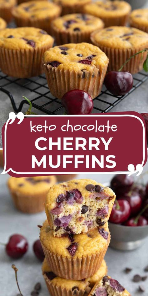 These tender coconut flour muffins are jam-packed with fresh cherries and chocolate chips. And yes, they are low carb and keto-friendly! Chocolate Cherry Muffins, Coconut Flour Muffins, Keto Muffin Recipe, Tender Coconut, Cherry Bread, Cherry Muffins, Peach Muffins, Healthy Low Carb Dinners, Chocolate Chip Muffin Recipe