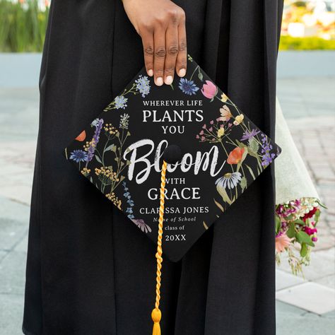 Graduation Cap Flower Designs, Trendy Beanies, Hat Toppers, Graduation Hat Toppers, Flower Graduation Cap, Hat Trends, Graduation Cap Tassel, Bloom With Grace, Elegant Serif Fonts