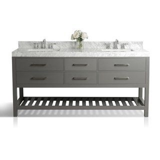 Ancerre Designs Elizabeth Vanity Set with Carrara White Marble Top (71-73 in. - Brushed Nickel Finish - Grey - Double - Double Vanities - 72 Inch), 72 Inch Vanity, 72 Vanity, Double Bath, Particle Wood, Balance And Harmony, Vanity Basin, Marble Vanity, Marble Sinks, Marble Counter