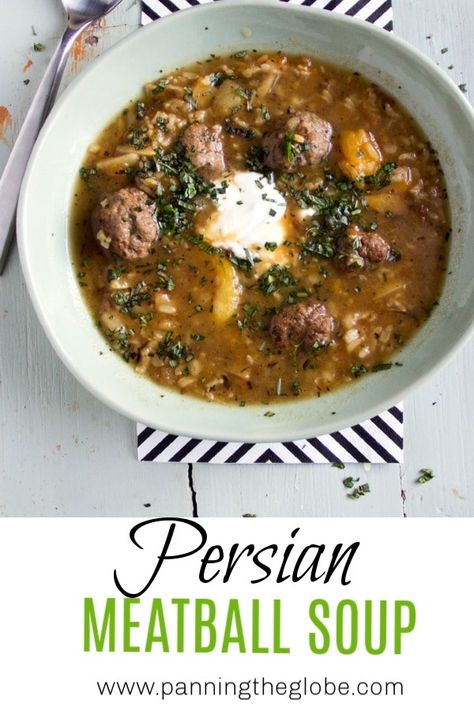 A hearty, flavorful meatball soup recipe with brown rice, apricots and herbs. Enjoy the healthy deliciousness of Persian Cuisine! Recipe With Brown Rice, Rice And Yogurt, Persian Soup, Meatball Stew, Meatball Soup Recipes, Meatballs And Rice, Persian Cuisine, Brown Rice Recipes, Meatball Soup