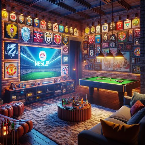 Experience the ultimate man cave, featuring a large flat-screen TV, neon sports signs, plush carpeting, leather recliners, a stocked minibar, and gaming console. Enjoy the dim lights and sports memorabilia that add a cozy feel to the room. #ModernManCave #SportsThemed #EntertainmentRoom #GamingSetup #HomeDesign #InteriorDecor Gaming Basement Man Cave, Man Cave Video Games, Game House, Man Cave Ideas Room Small Sports, Mansion Games Room, Mansion Game Room Luxury, Sports Room Man Cave, Man Cave Ideas Sports, Football Man Cave