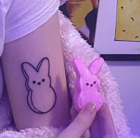 colliscool peep bunny tattoo on arm Peep Marshmallow Tattoo, Easter Tattoo Ideas, Peep Bunny Tattoo, Peep Inspired Tattoos, Peeps Tattoo, Roblox Tattoo, Lil Peep Tattoo Ideas, Easter Tattoo, Cop Tattoos