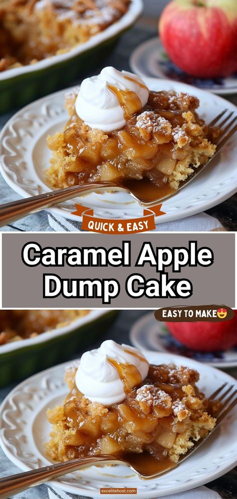 When you need a quick and easy shortcut dessert that tastes good enough to serve for company, make this Caramel Apple Dump Cake. Simple ingredients like apple pie filling, cinnamon, nutmeg, cake mix, and butter come together to make one amazing dessert! #Recipes #Desserts Apple Dump Cake Recipe, Caramel Apple Dump Cake, Apple Dump Cake, Caramel Dessert, Dump Cake Recipe, Apple Dump Cakes, Fall Desserts Easy, Dump Cakes, Apple Pie Filling