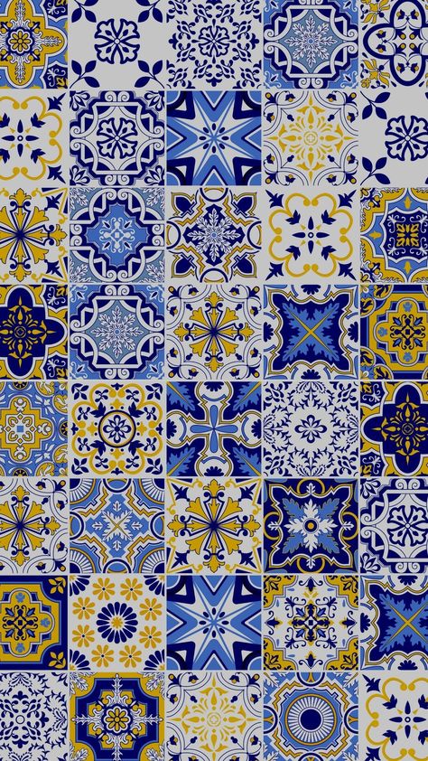 Dark Blue and Yellow Azulejo Phone Wallpaper Watercolor Tiles Pattern - Templates by Canva Italian Tiles Pattern, Italian Pattern, Greek Pattern, Greek Blue, Wallpaper Watercolor, Mediterranean Tile, Tiles Pattern, Pattern Template, Portuguese Tiles