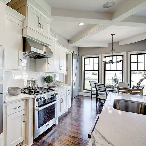 White Windows Interior Modern, Black Windows Grey Trim, Black Windows White Trim, White House Black Windows, Black Vinyl Windows, Black Window Trims, Georgia House, Pond House, Black Window Frames