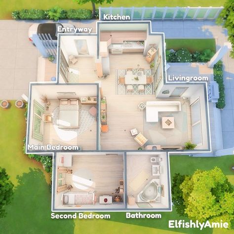 Bloxburg Two Bedroom House Layout, Sims4 Layout Floor Plans, Cute Small House Layout, One Story Sims House Layout, Small House Sims 4 Floor Plans, Sims 4 Starter Home Layout, Bloxburg House Layouts Cottage, Sims 4 1 Bedroom House, Sims 4 Blueprints