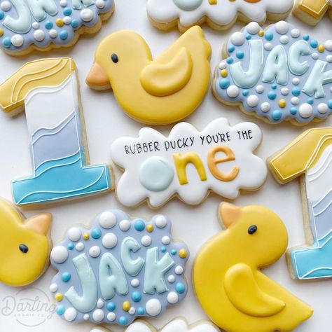 Rubber Ducky Cookies, Yellow Duck Birthday Party, Rubber Duckie Cake, Rubber Duck Cookies, Rubber Duck 1st Birthday Party, Rubber Duck Party Ideas, Rubber Ducky First Birthday Party, Rubber Duck Themed Birthday Party, Duck 1st Birthday Boy