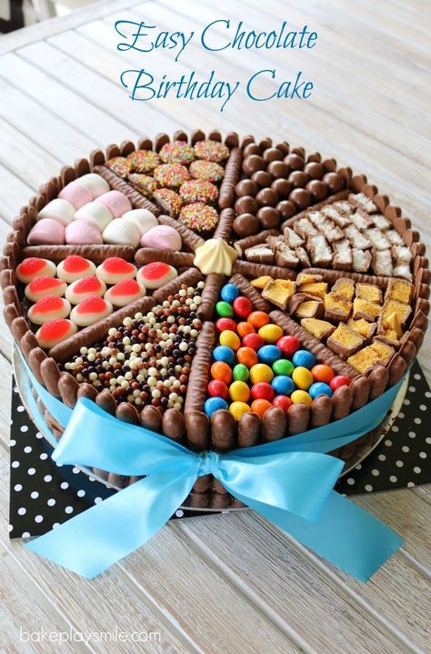 An easy chocolate birthday cake decorated with chocolate biscuits, lollies, marshmallows and chocolates! This really is a chocoholics delight! Maltesers Cake, Torte Creative, Chocolate Birthday Cake, Cake Hacks, Homemade Birthday Cakes, Torte Cupcake, Easy Birthday, Nice Ideas, Birthday Cake Chocolate