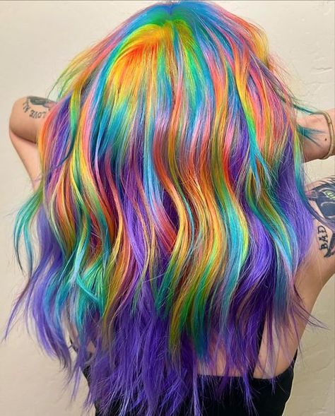 Rainbow Hair, Alternative Hair, Color Block Hair, Amika Hair Products, Vivid Hair Color, Neon Hair, Lob Hairstyle, Hair Coloring, Creative Colour